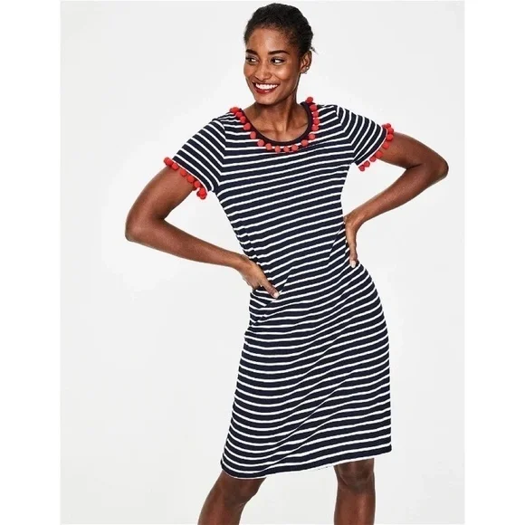 BODEN Bridget Jersey Knit Dress Navy White Stripe Red Pom Poms Shift Size 6 - Picture 1 of 16